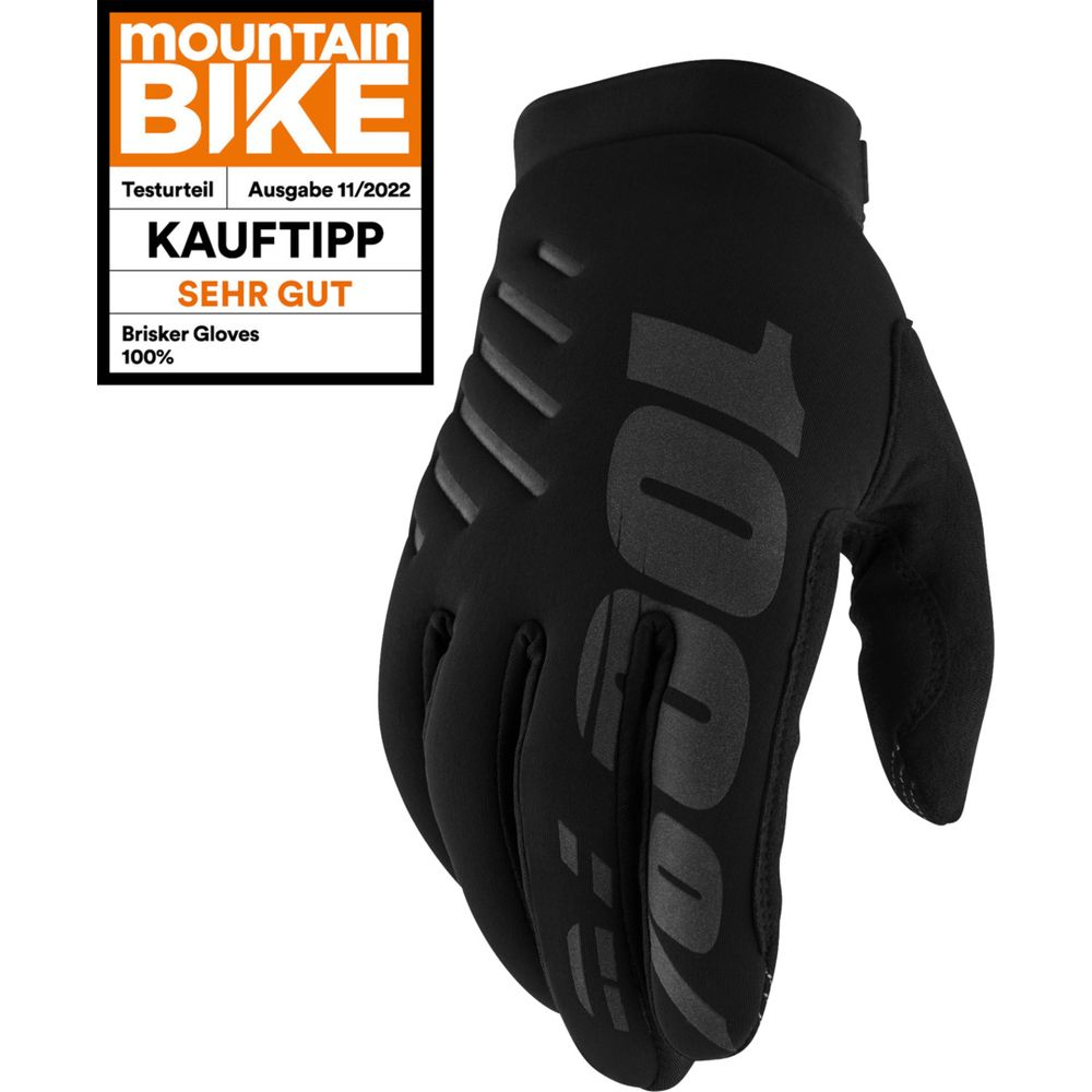 Schwarze Mountainbike-Handschuhe mit 100%-Logo und Testurteil.