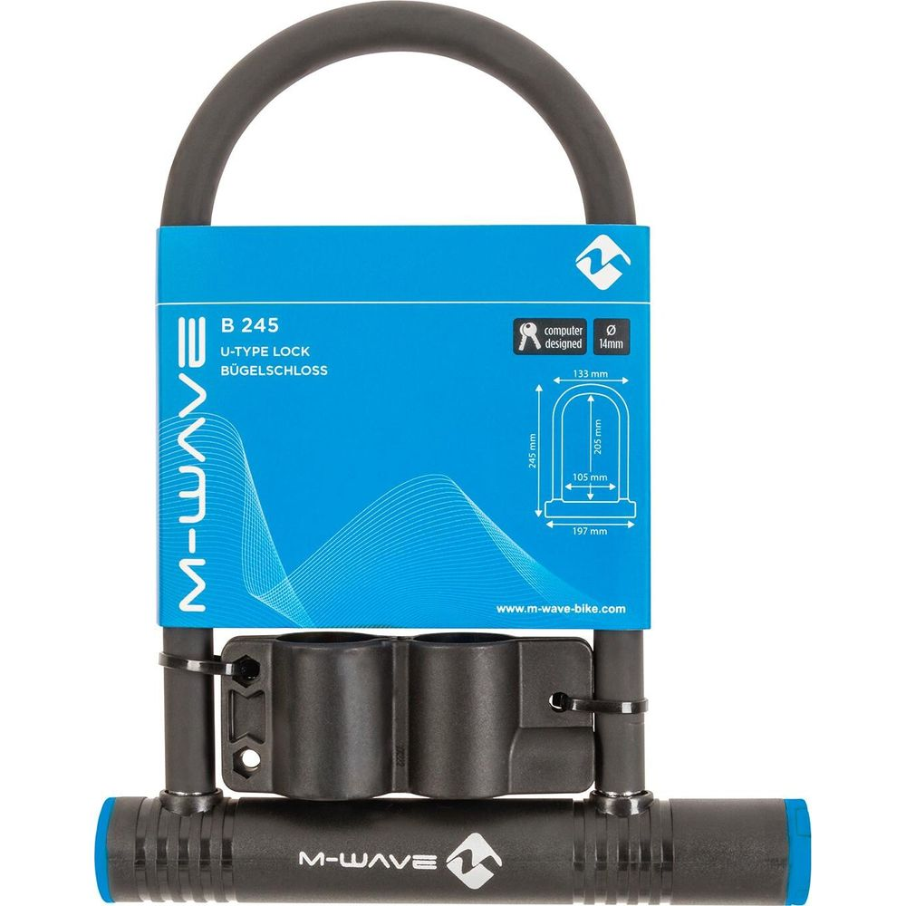 Ein schwarzes M-Wave U-Schloss mit blauen Akzenten und Halterung.