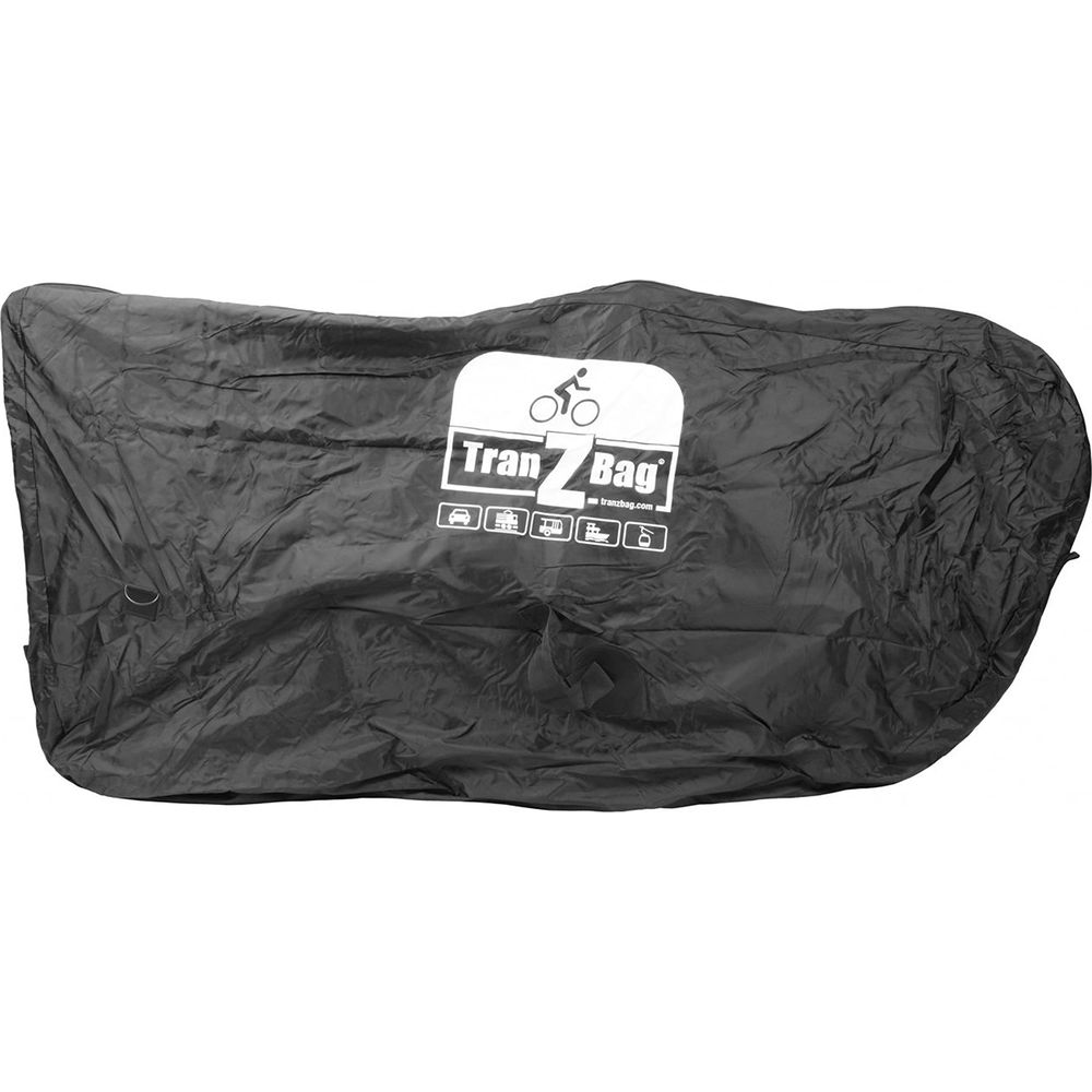 Housse noire pour vélo avec logo "TranZ Bag" et icônes.