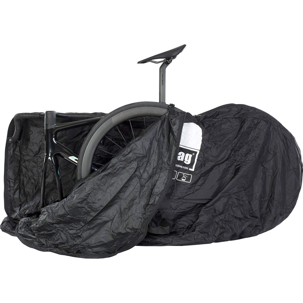 Sac de voyage noir pour vélo avec un vélo de route à l'intérieur.