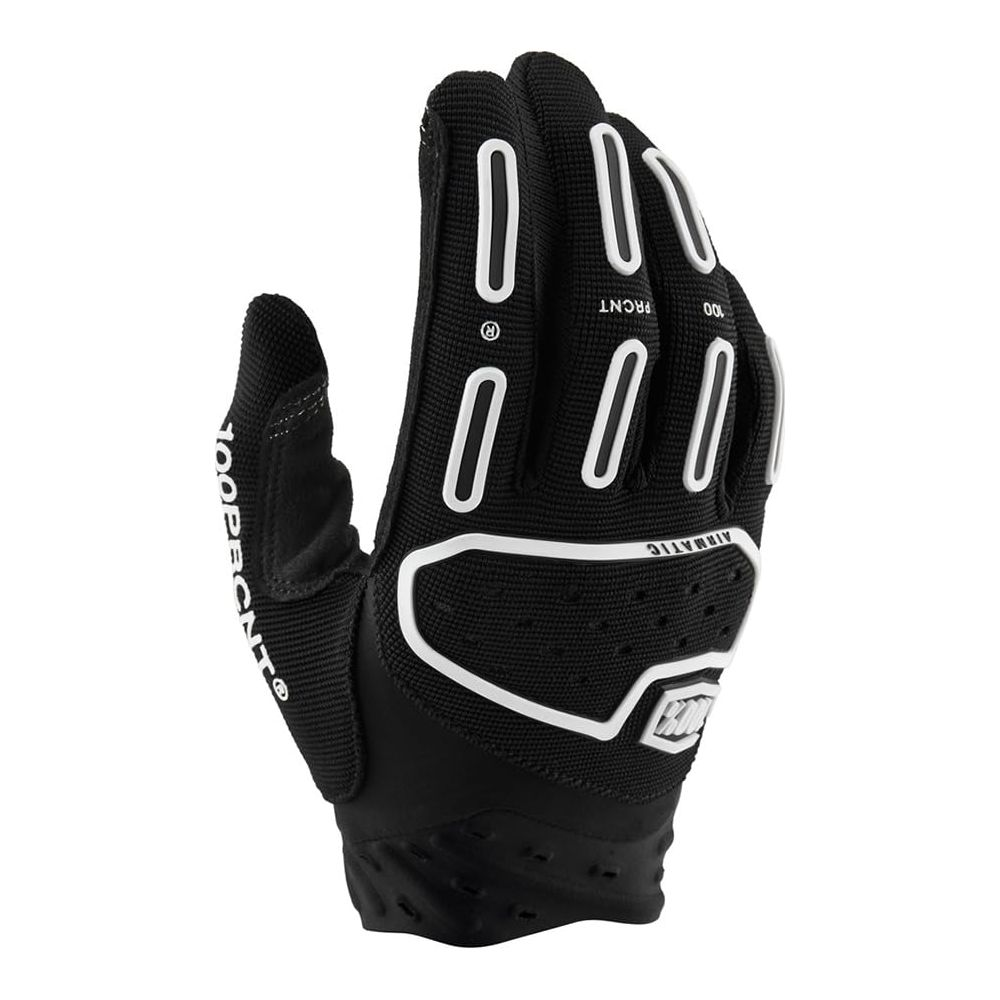 Schwarzer Motorradhandschuh mit weißem Design und Logos.
