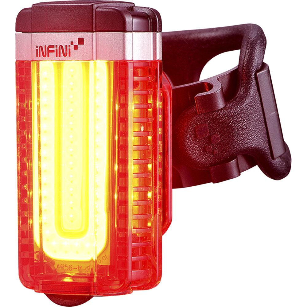 Rotes Fahrradrücklicht mit gelbem LED-Streifen und schwarzer Halterung.