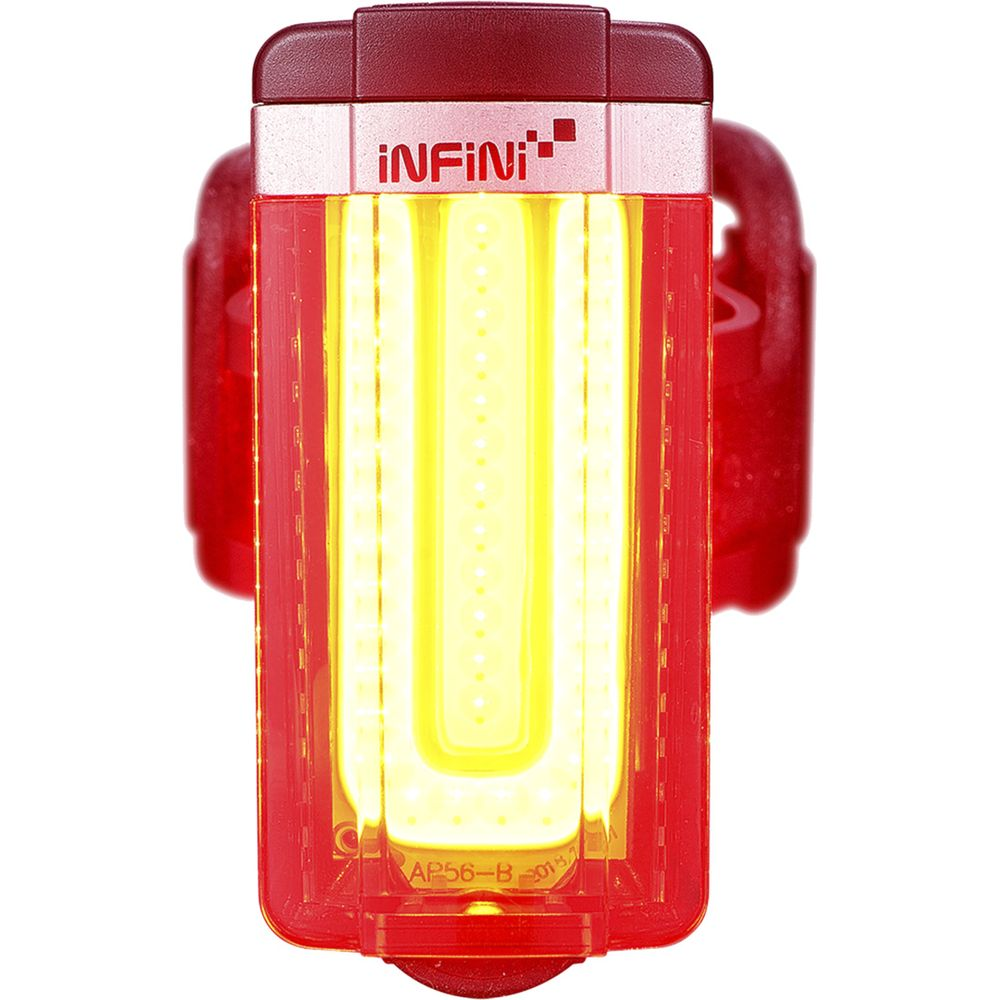 Ein rotes Fahrradrücklicht mit gelben LEDs und dem INFINI-Logo.