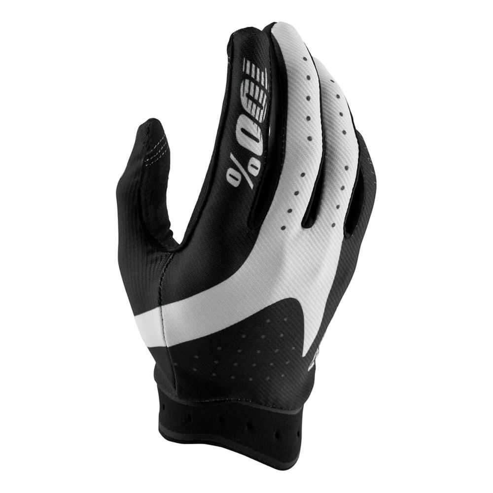 Ein schwarzer Handschuh mit weißem 100%-Logo und Perforationen.