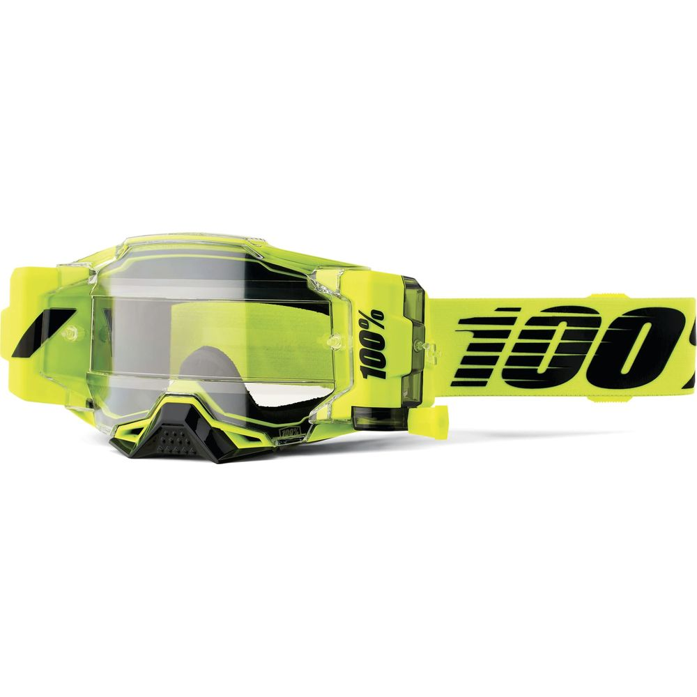 Neongelbe MX-Brille mit schwarzem Band und 100%-Logo.