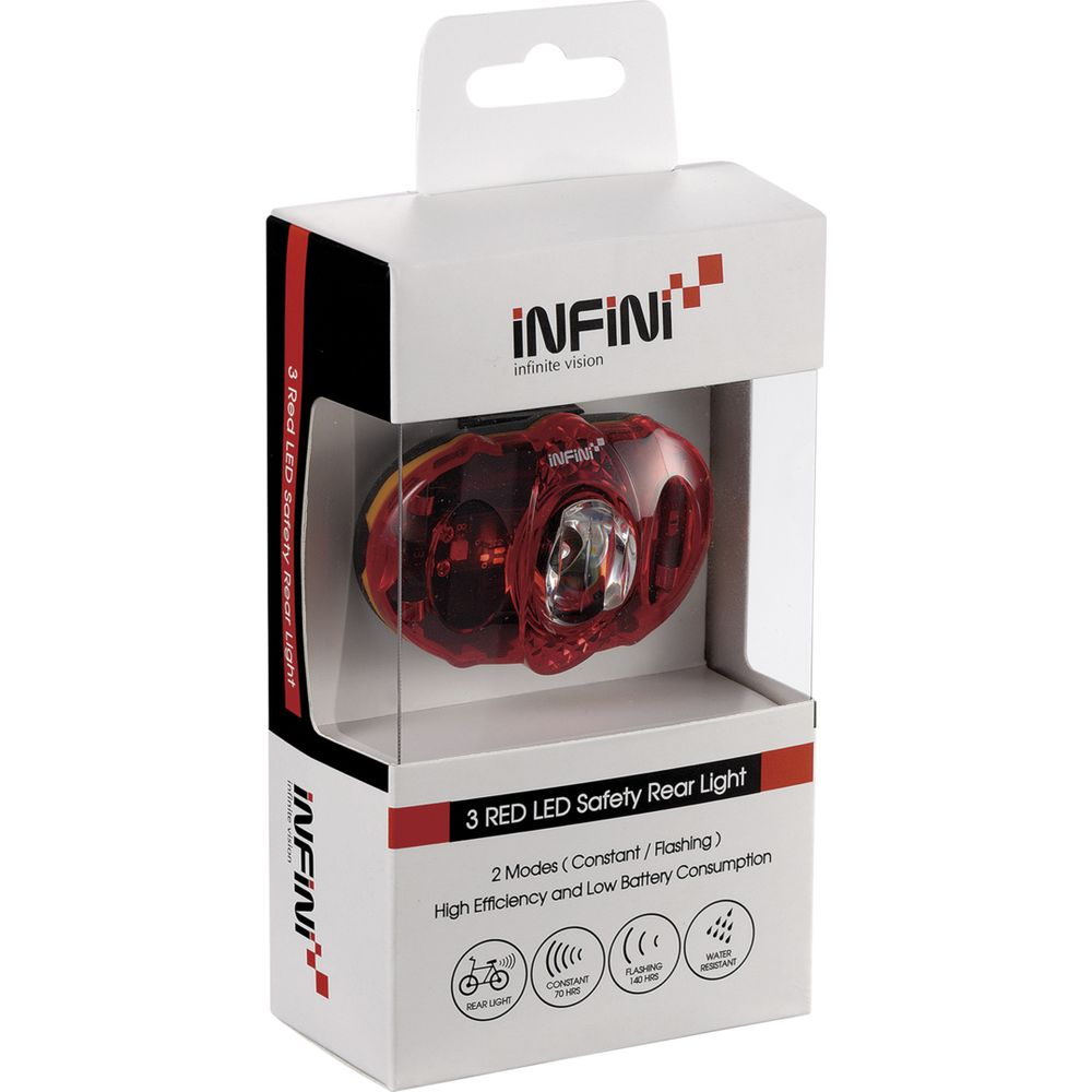INFINI Fahrradrücklicht mit 3 roten LEDs in Verpackung. Zwei Modi, wasserdicht.