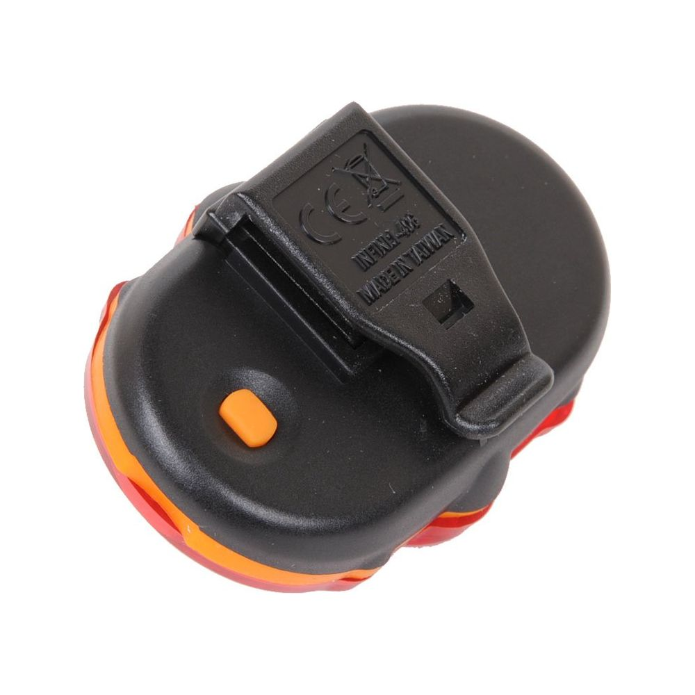 Schwarze Fahrradrückleuchte mit rotem Licht und orangefarbenem Knopf.