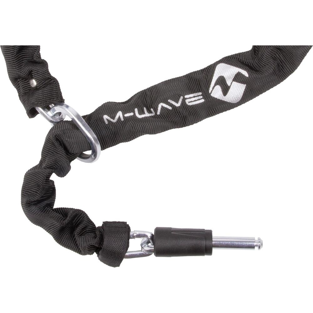 Schwarze M-Wave Fahrradkette mit silbernem Schloss und Karabiner.