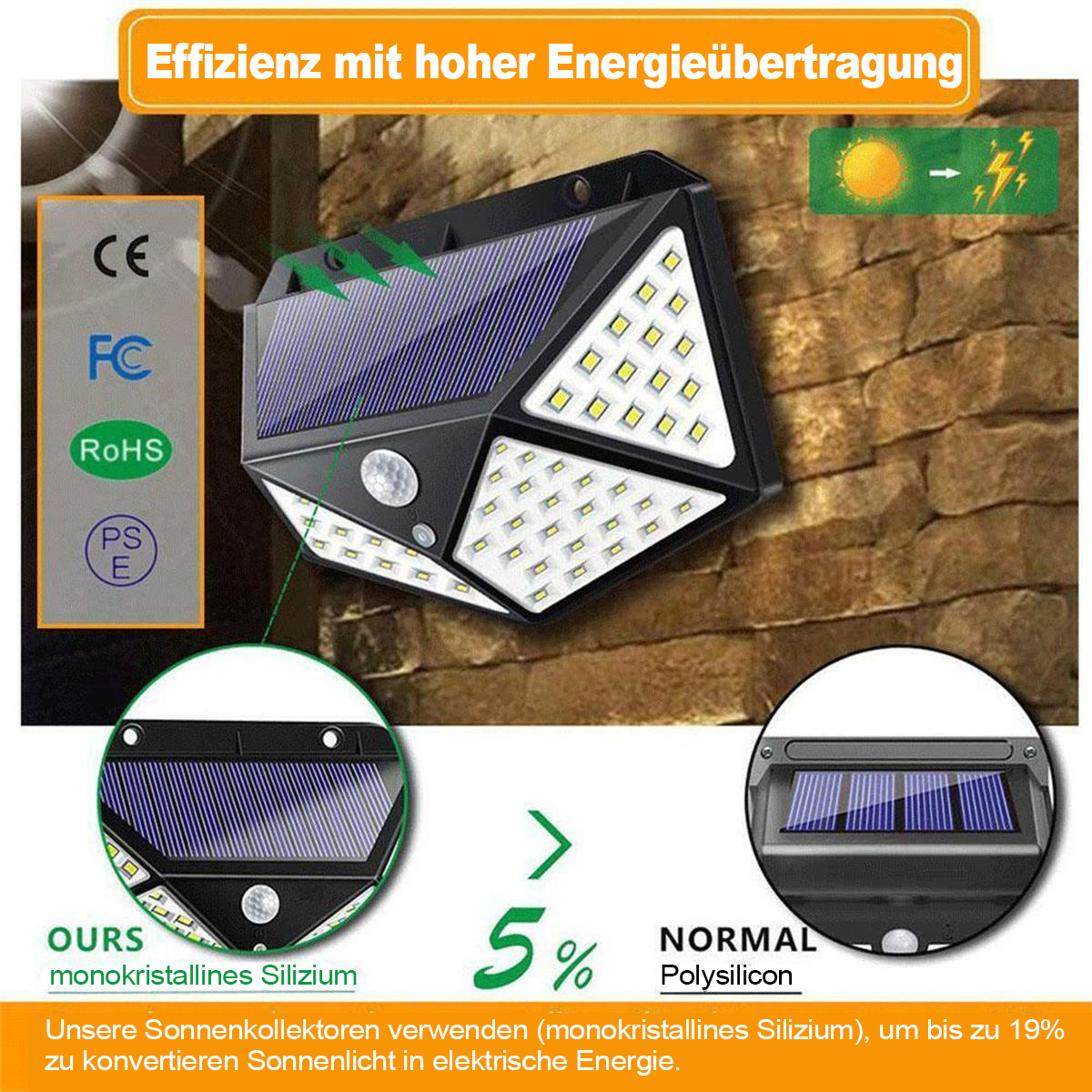 Solarleuchte mit CE, FC, RoHS Siegeln, lädt mit Sonnenlicht.