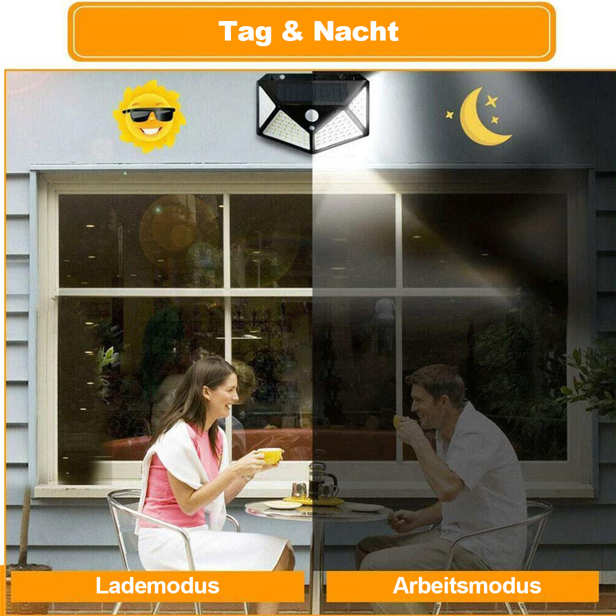 Sonnenlicht- und Mondlichtanzeige über einem Haus mit Personen.