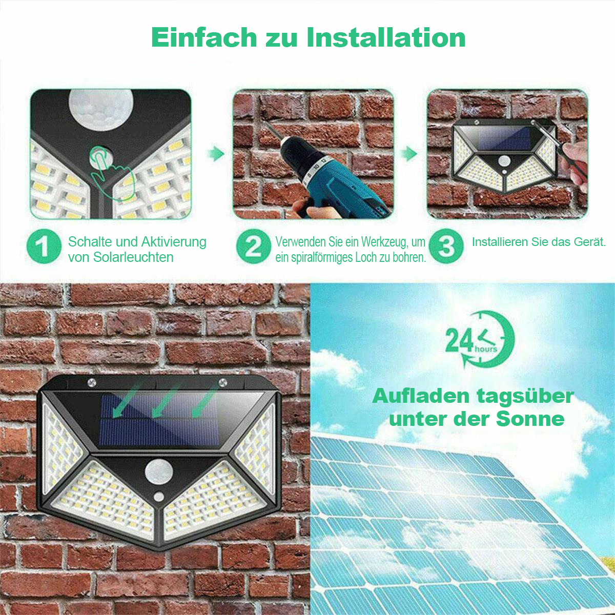 Anleitung zur Installation einer Solarleuchte: Einschalten, Bohren, Anbringen. Lädt 24h.
