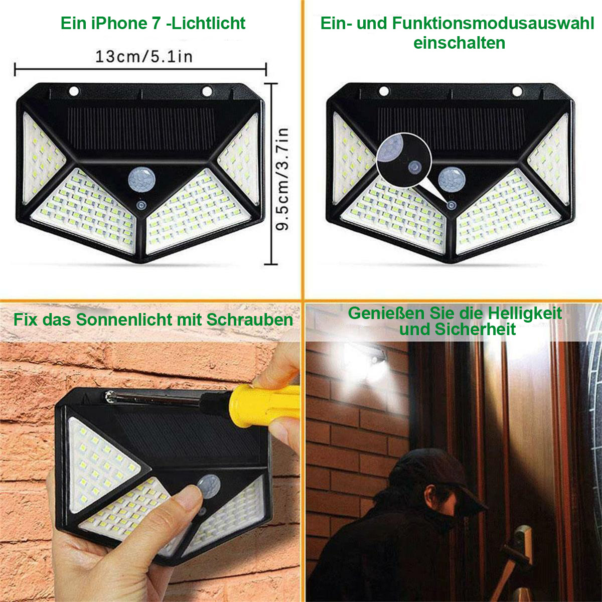 Ein Solarlicht wird gezeigt. Maße und Funktionen sind aufgeführt.