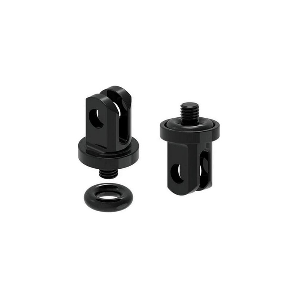 Zwei schwarze Adapter mit Schrauben und einem Ring auf weißem Hintergrund.