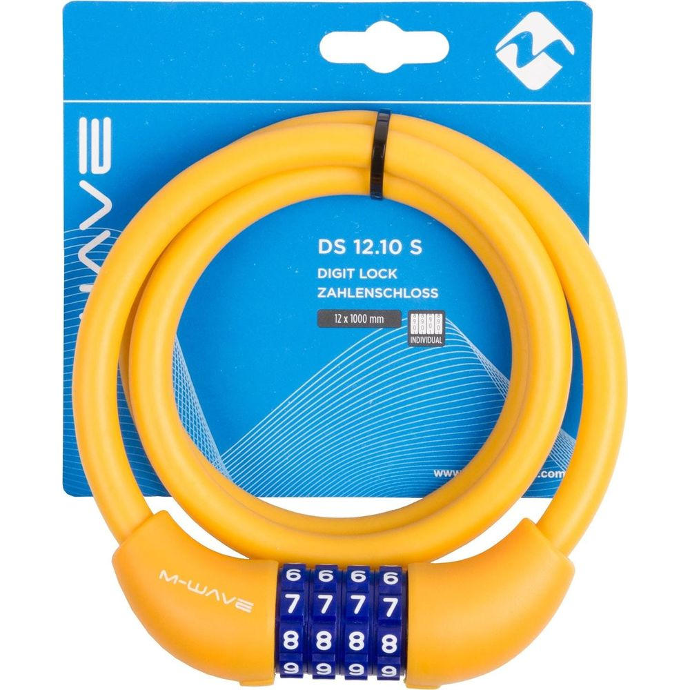 Ein gelbes Zahlenschloss für Fahrräder mit vier Ziffern. Die Verpackung ist blau.