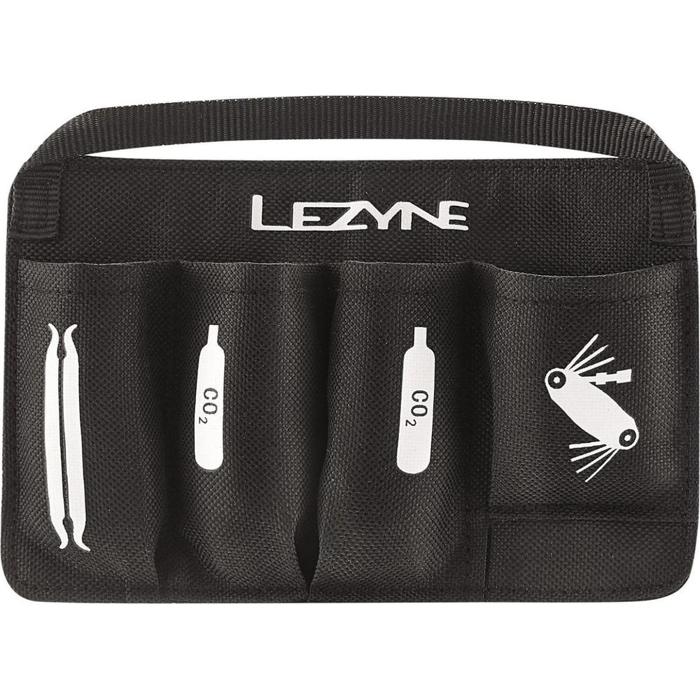 Pochette Lezyne noire avec compartiments pour outils, cartouches CO2 et démonte-pneus.