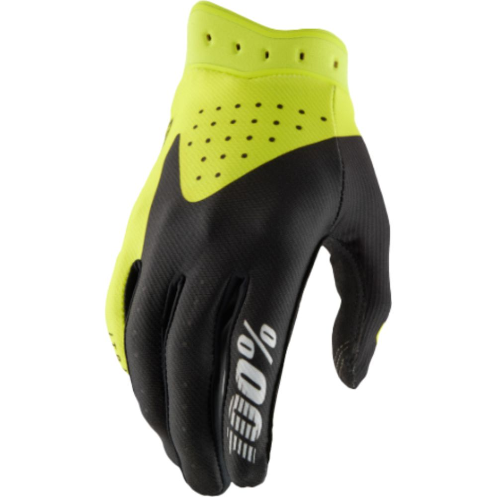 Un gant de motocross jaune néon et noir avec logo "100%".