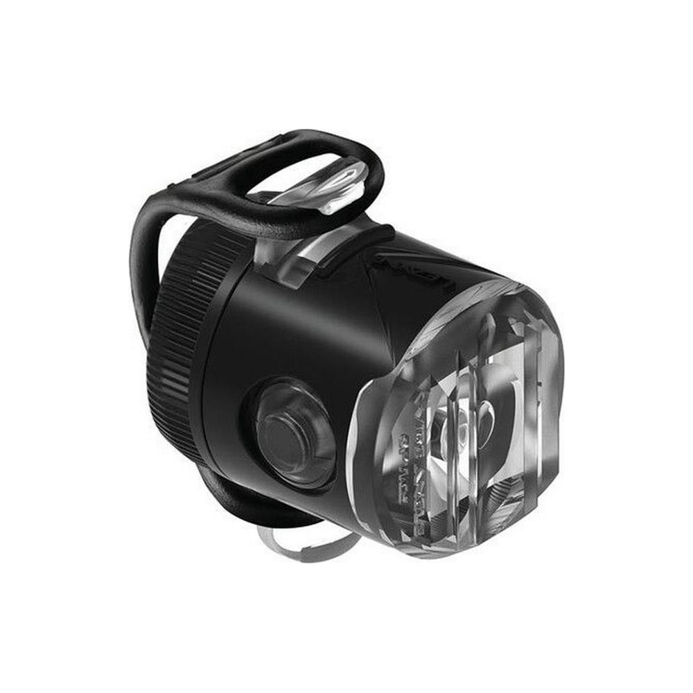 Schwarze Fahrradlampe mit transparentem, facettiertem Reflektor und Halterung.