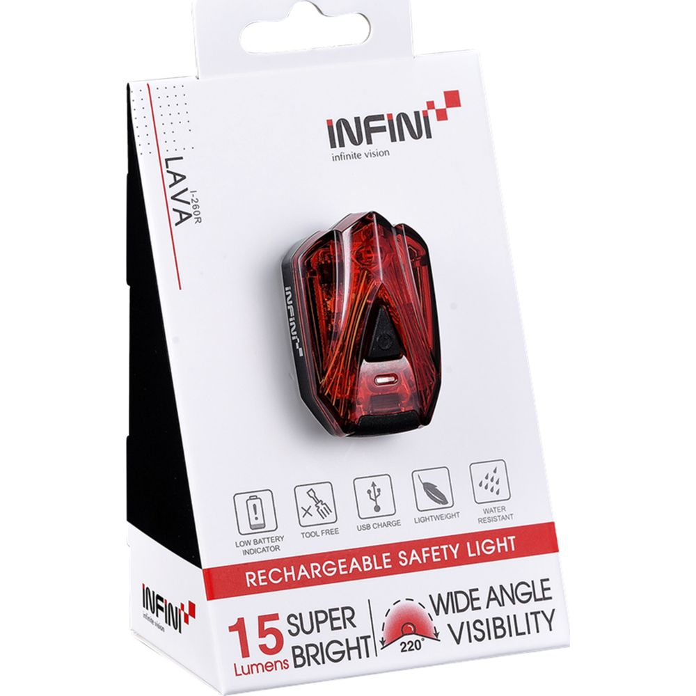Verpackung für ein rotes, wiederaufladbares Fahrrad-Sicherheitslicht mit Infini-Logo.