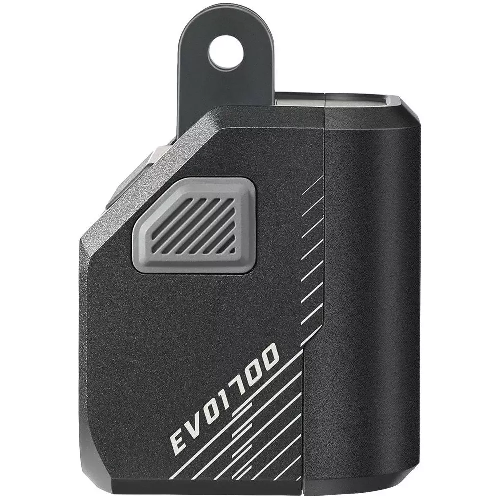 Ein schwarzes elektronisches Gerät mit der Aufschrift EV01100 und einer Halterung.