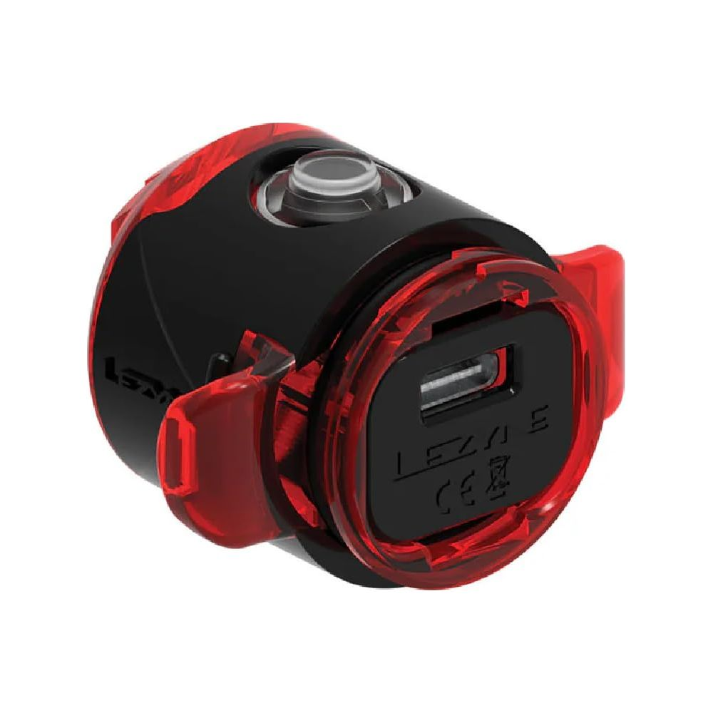 Luce per bicicletta nera con accenti rossi e porta USB.