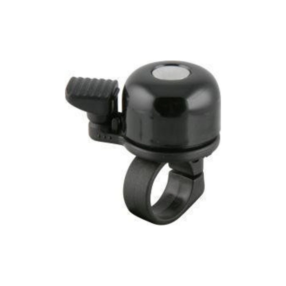 Schwarze Fahrradklingel mit silbernem Knopf und Hebel.