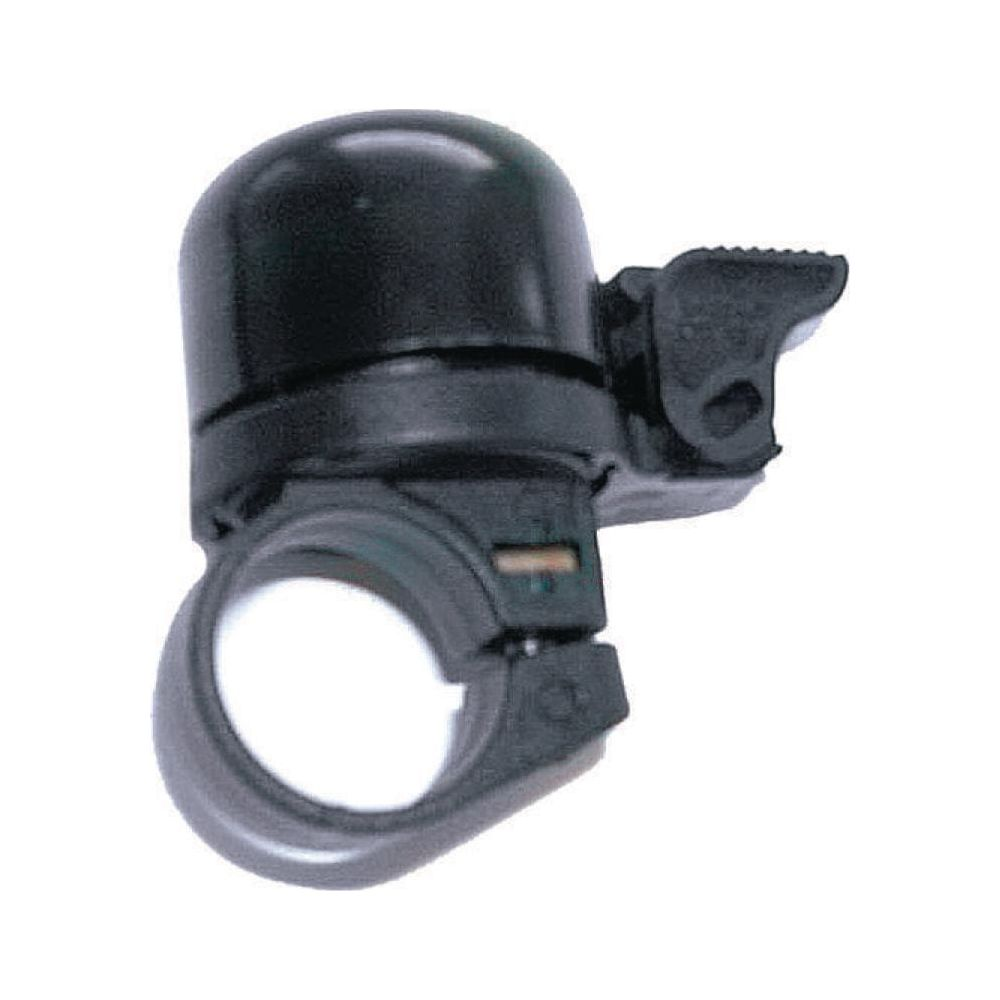 Schwarze Fahrradklingel mit silbernem Hebel und Klemmhalterung.