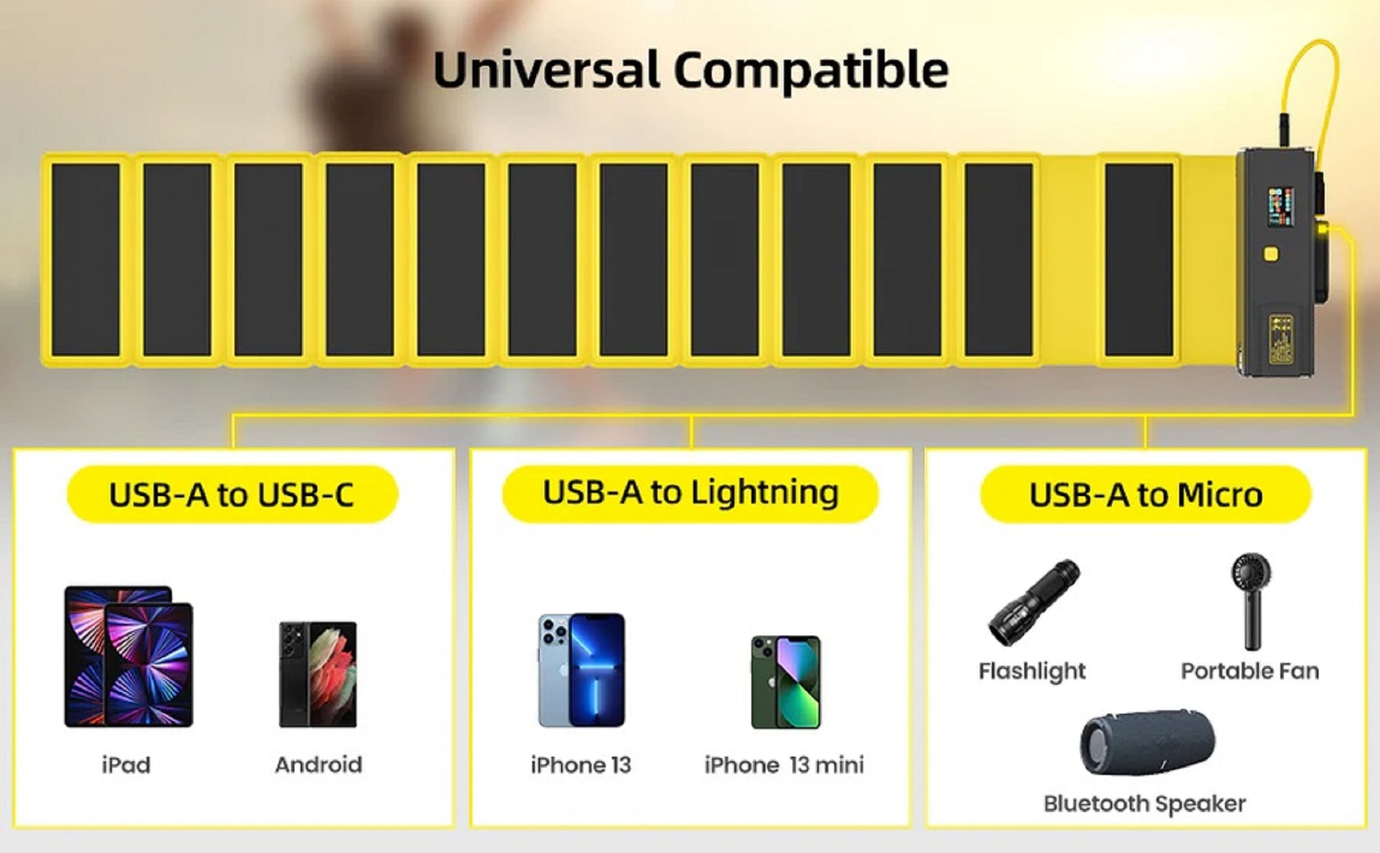 Großes Solarpanel mit verschiedenen Ladeoptionen für Tablets, Telefone und Zubehör.