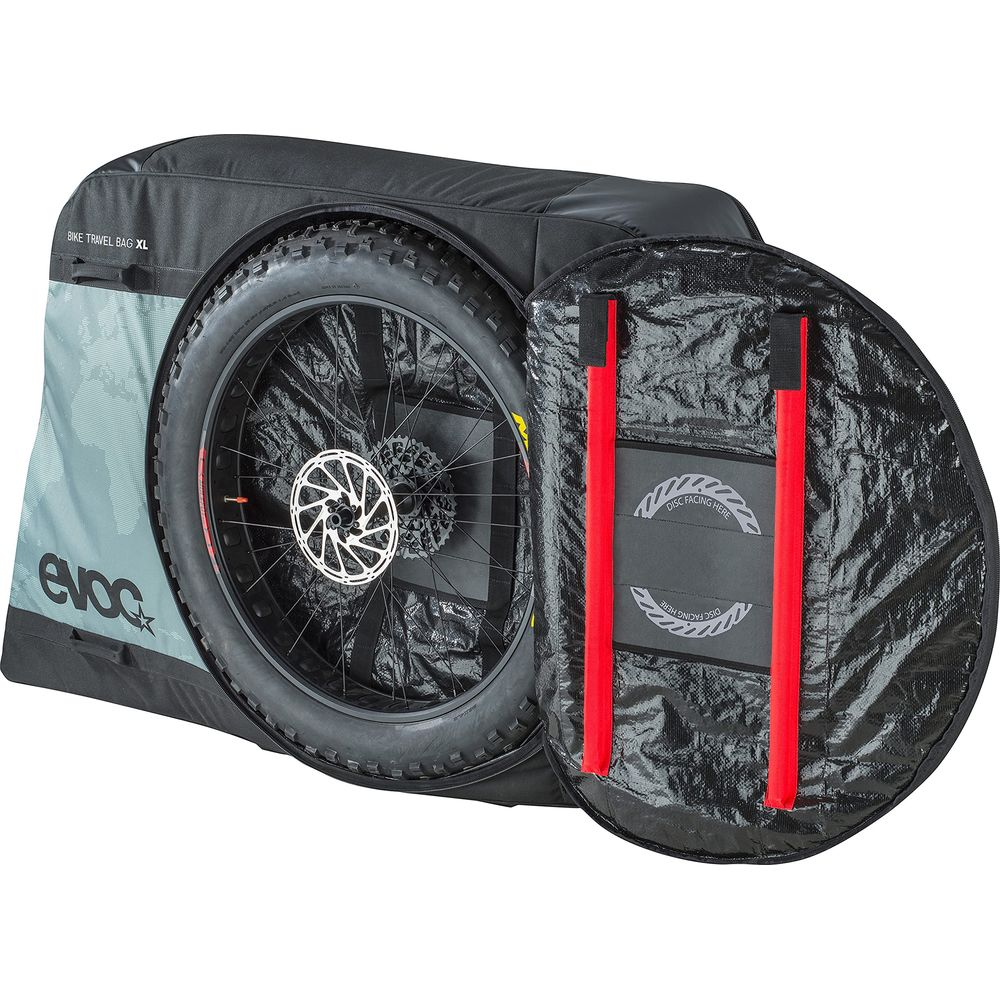 Sac de vélo noir avec imprimé gris, une roue est visible.