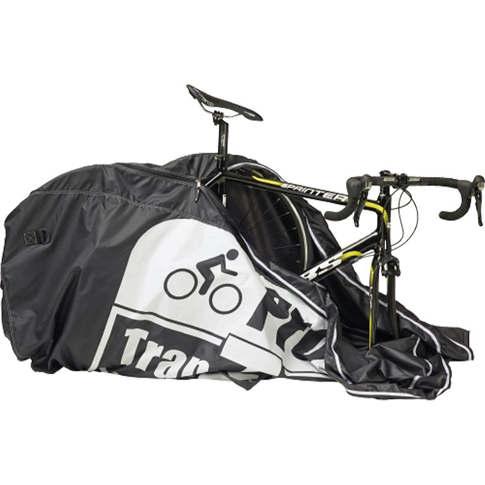 Sac de vélo noir avec un vélo de route à l'intérieur. Accents jaunes sur le vélo.