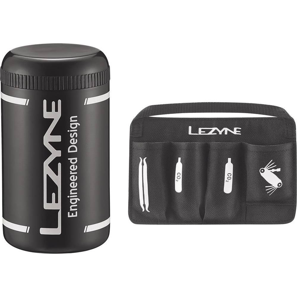 Boîtier à outils Lezyne noir et pochette noire avec cartouches CO2.