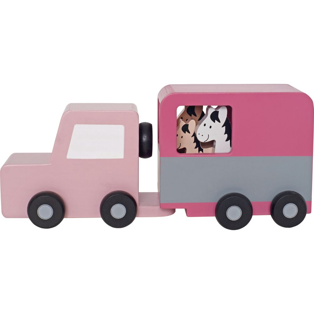 Ein rosa Holz-LKW mit Anhänger, der zwei Pferde transportiert.