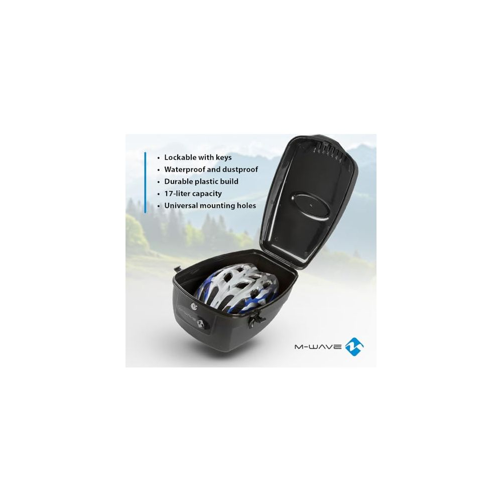 Schwarzer Gepäckkoffer mit Helm, wasserdicht, 17L Kapazität.