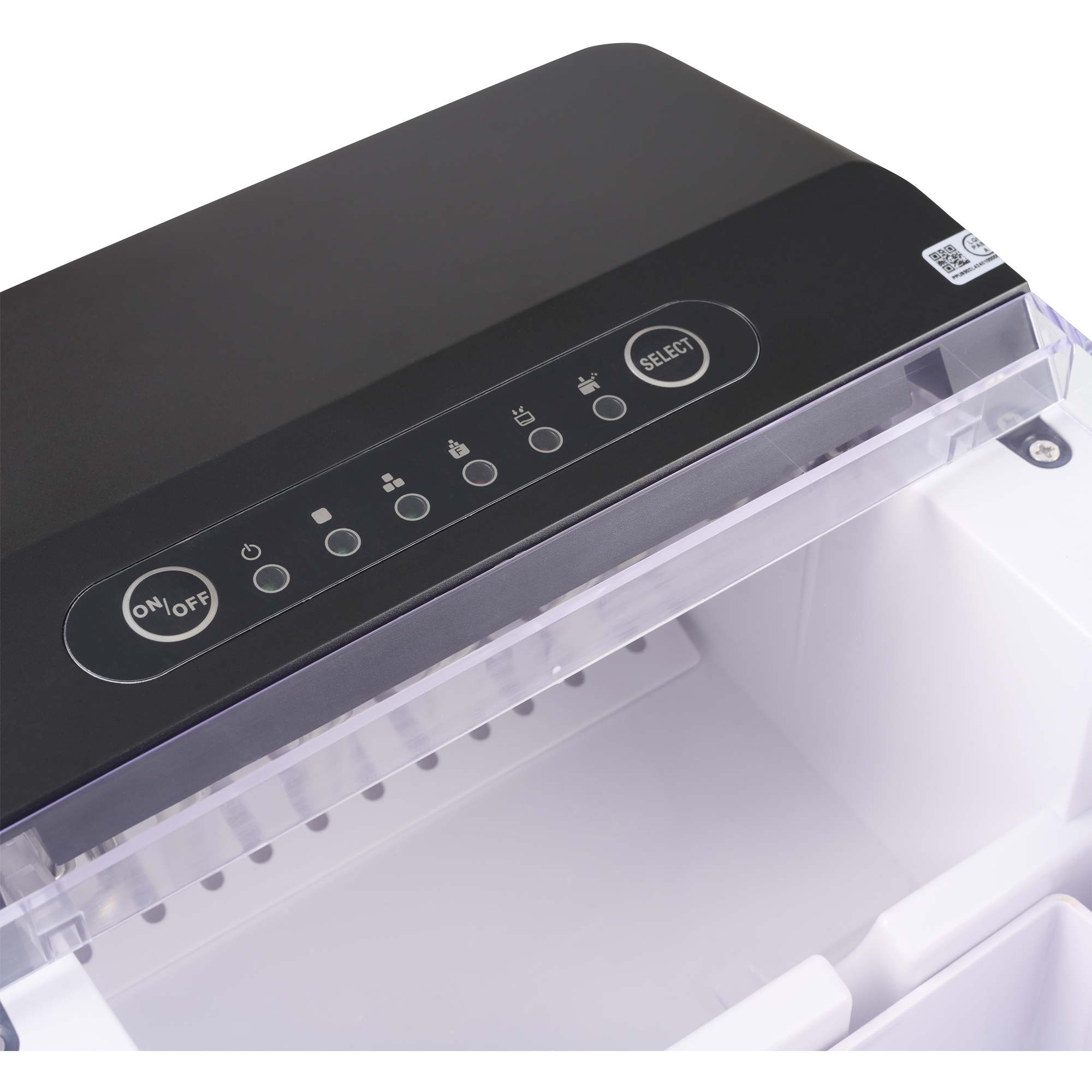 Czarny panel sterowania kostkarki do lodu z ikonami i przyciskiem "ON/OFF".