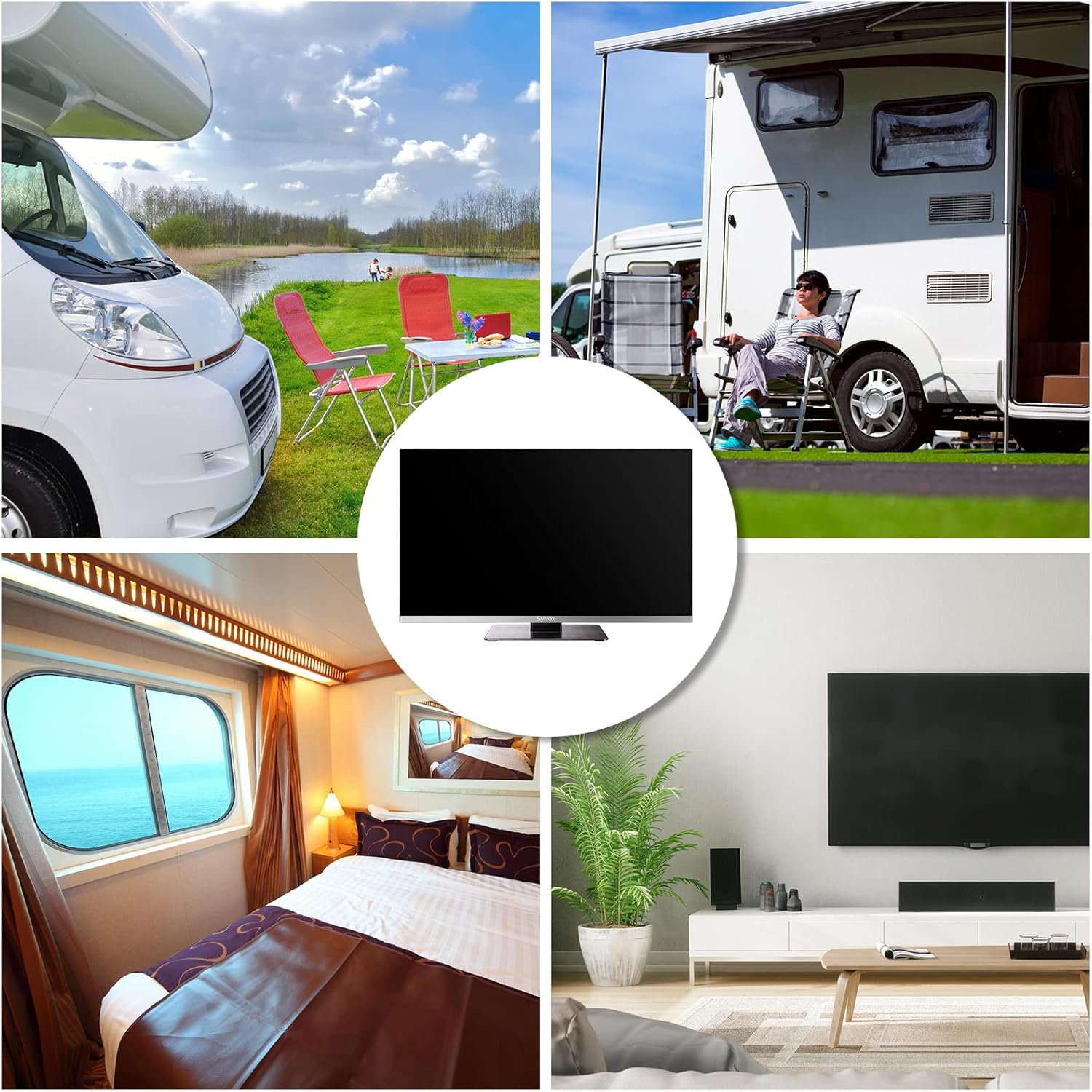 Vier Collagen: Wohnmobil am See, Person vor Wohnmobil, TV, Kabinenbett auf Schiff.