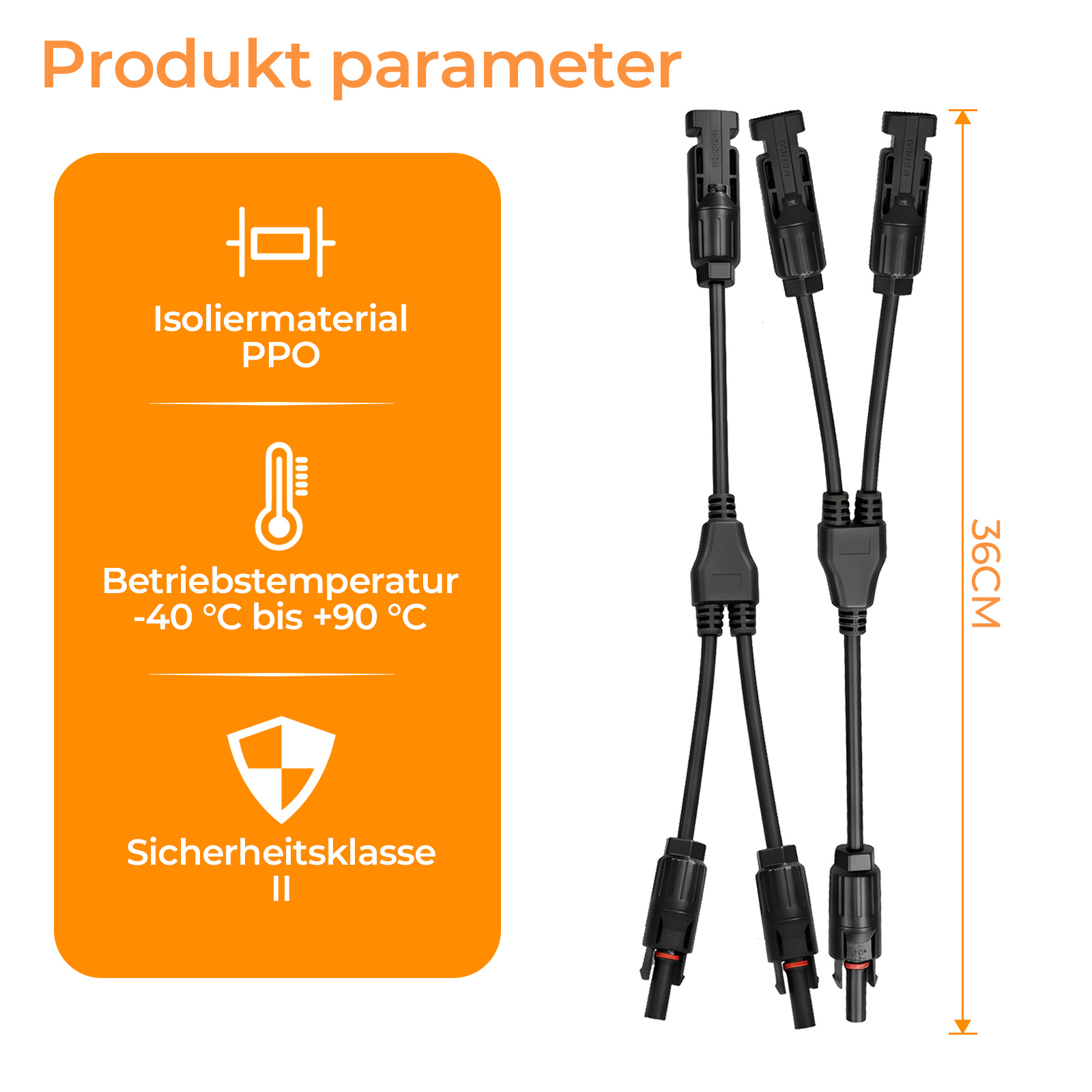 Produktparameter: Isolier PPO, Temp. -40 bis +90°C. Sicherheitsklasse II. 36cm.