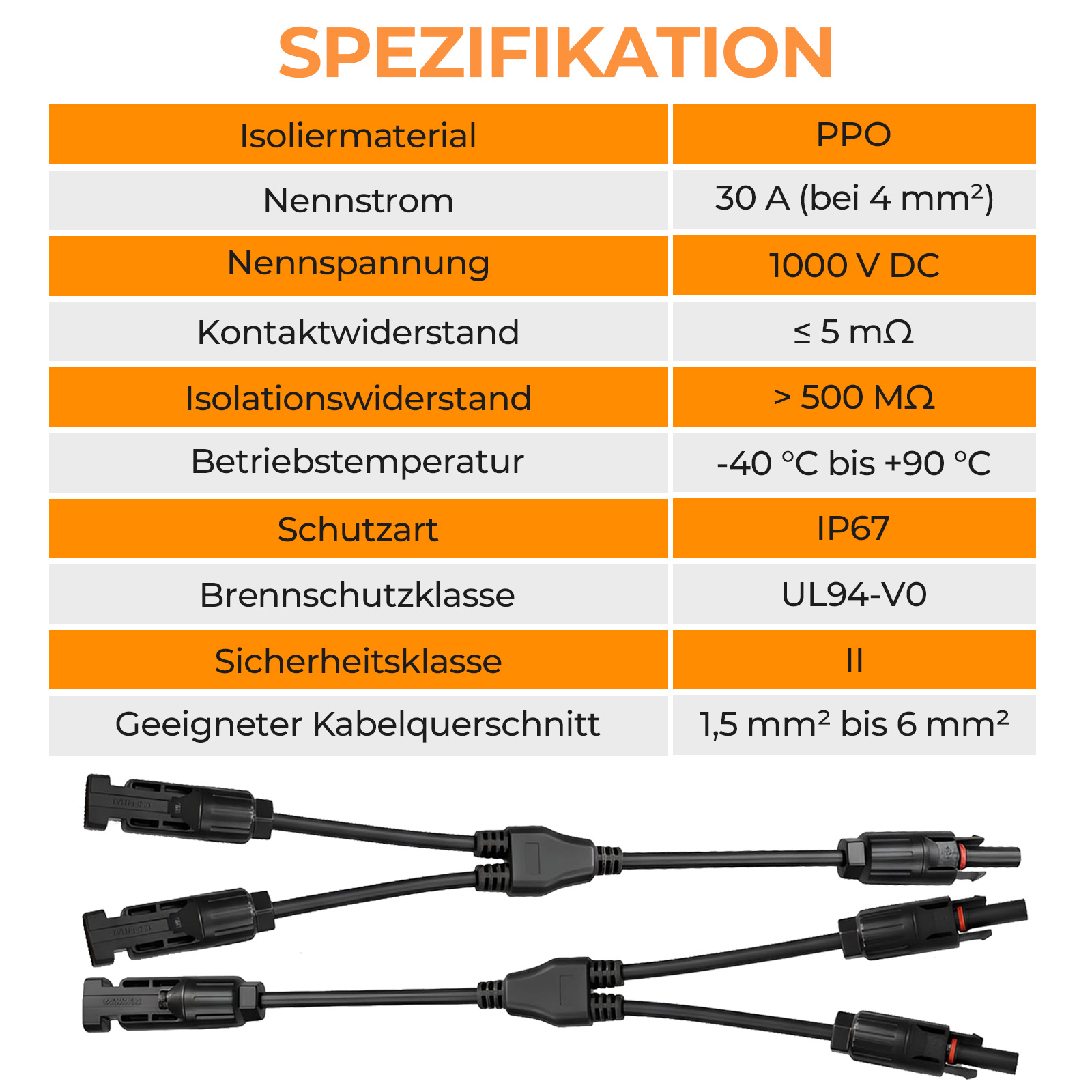 Spezifikationstabelle für elektrische Komponenten mit Tabellen und Bildern von Steckverbindern.