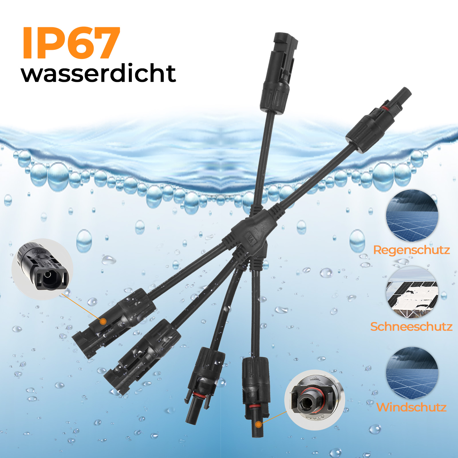 IP67 wasserdichte Solar-Steckverbinder mit Regenschutz, Schneeschutz und Windschutz.