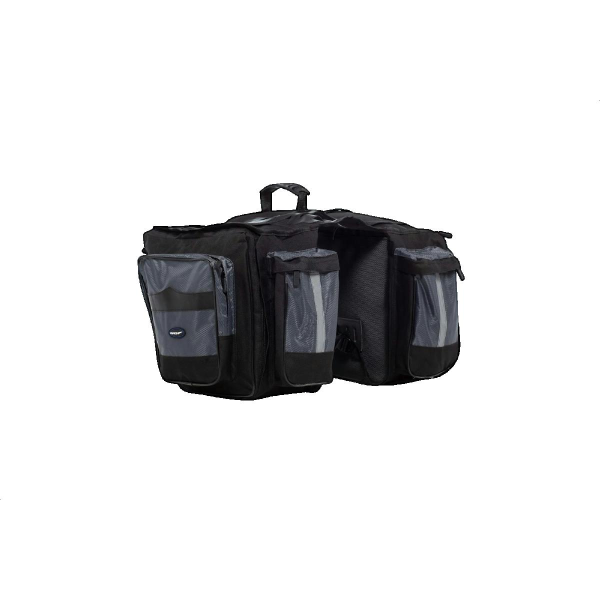 Borsa da bicicletta nera con più scomparti e strisce riflettenti.