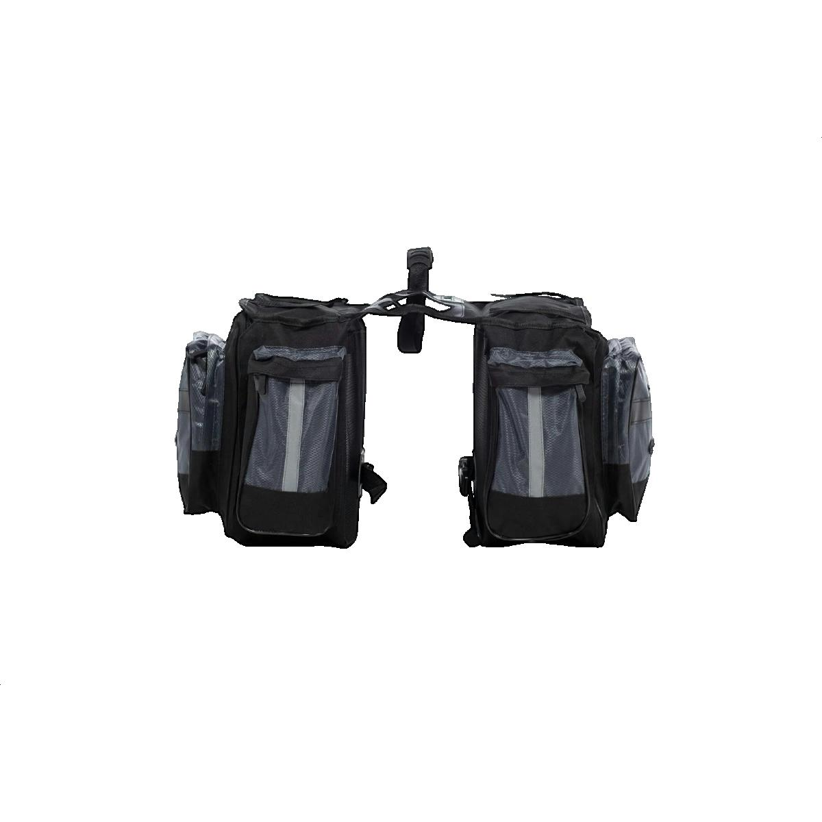 Borsa da bicicletta nera con due scomparti principali e strisce riflettenti.