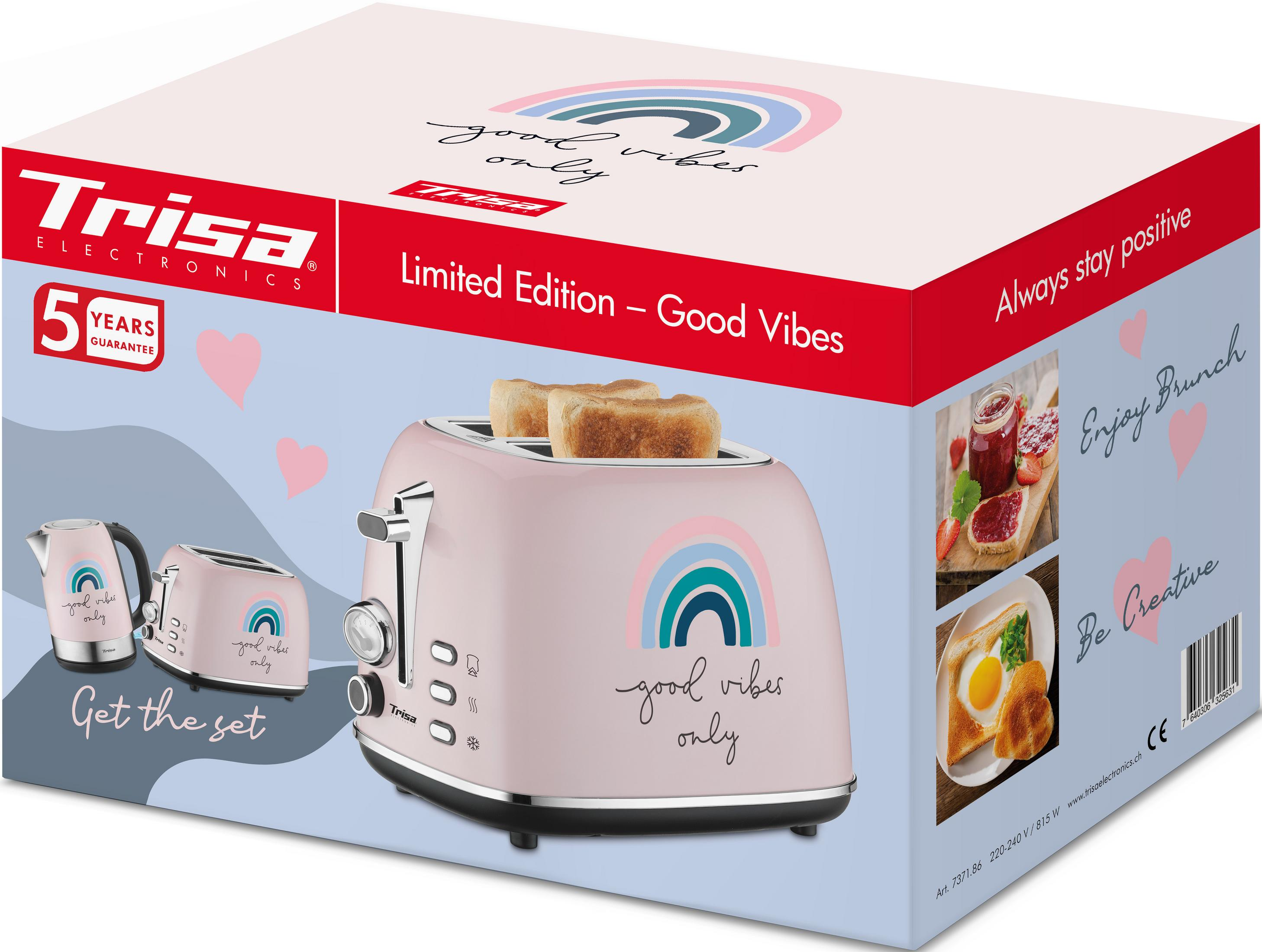 Ein pinker Toaster und Wasserkocher mit Regenbogen-Motiv und Aufschrift 'good vibes only'.