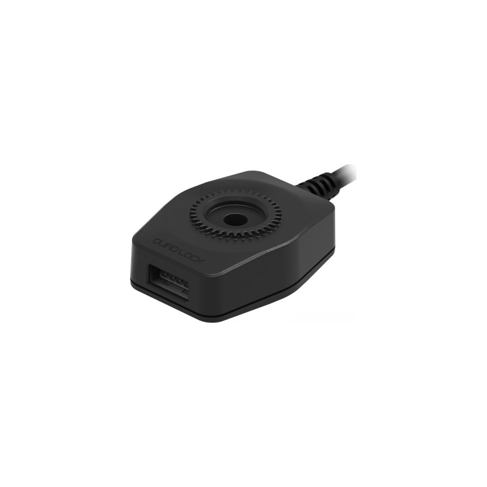 Schwarzer Quad Lock USB-Ladeadapter mit Kabel und zwei USB-Anschlüssen.