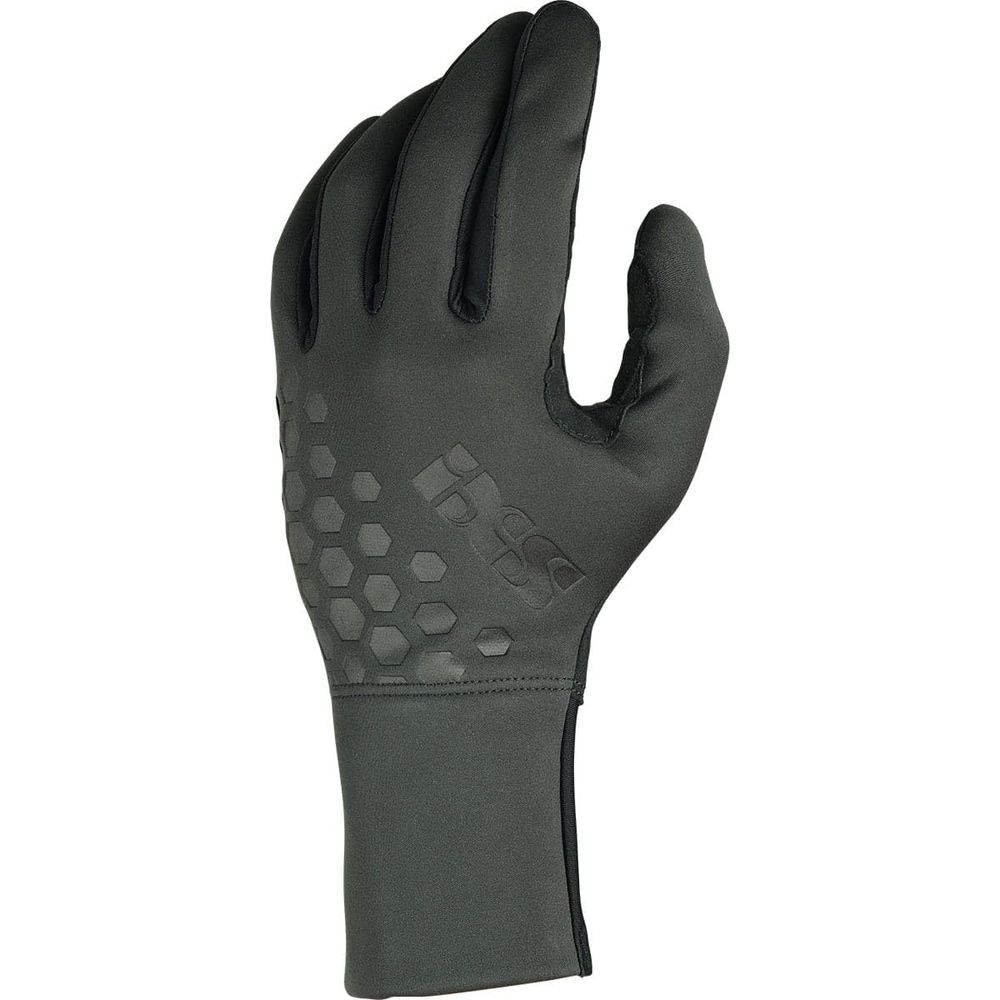 Ein schwarzer Handschuh mit sechseckigem Griffmuster auf Handfläche und Fingern.