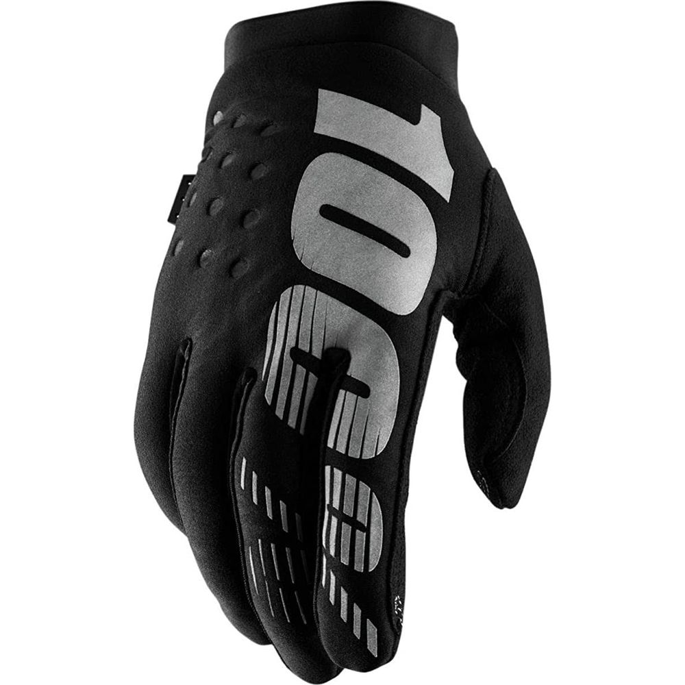 Schwarzer Motocross-Handschuh mit großem silbernem '100%'-Logo und Lüftungslöchern.