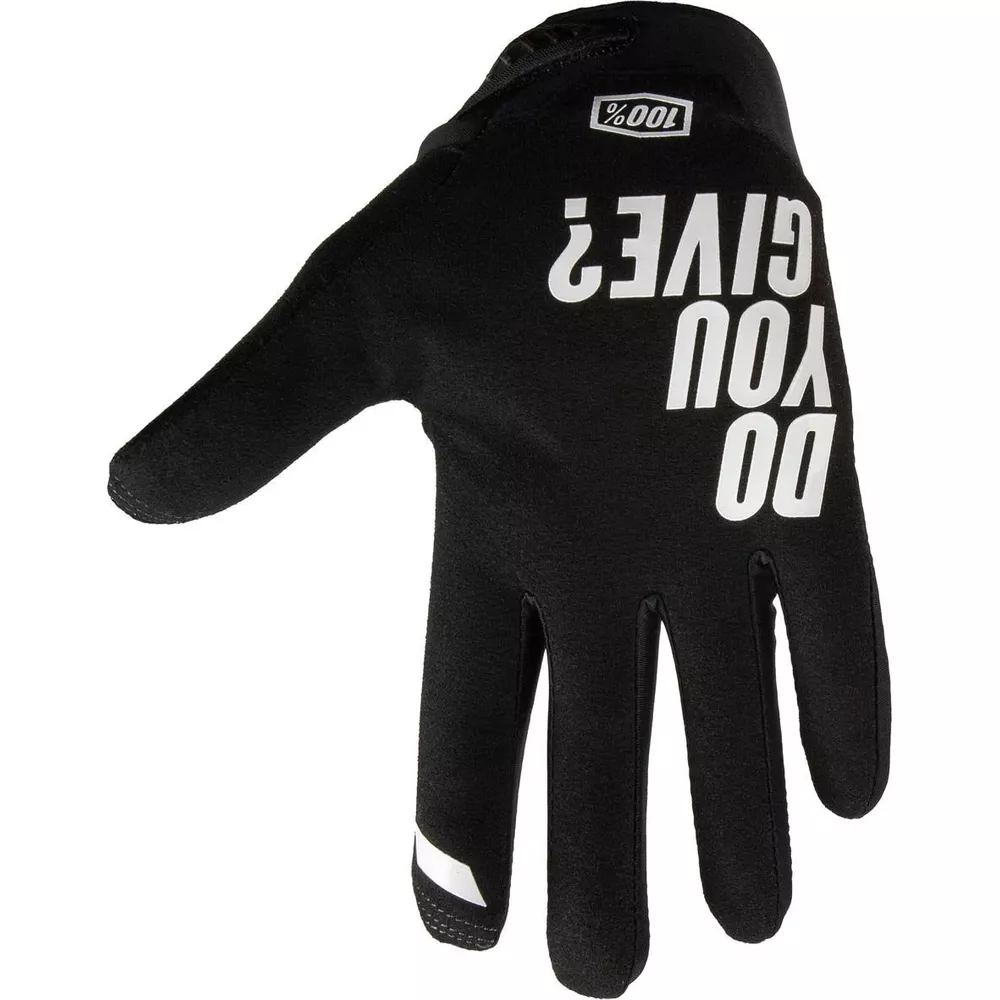 Schwarzer Handschuh mit weißem Schriftzug 'DO YOU GIVE?' und 100% Logo.