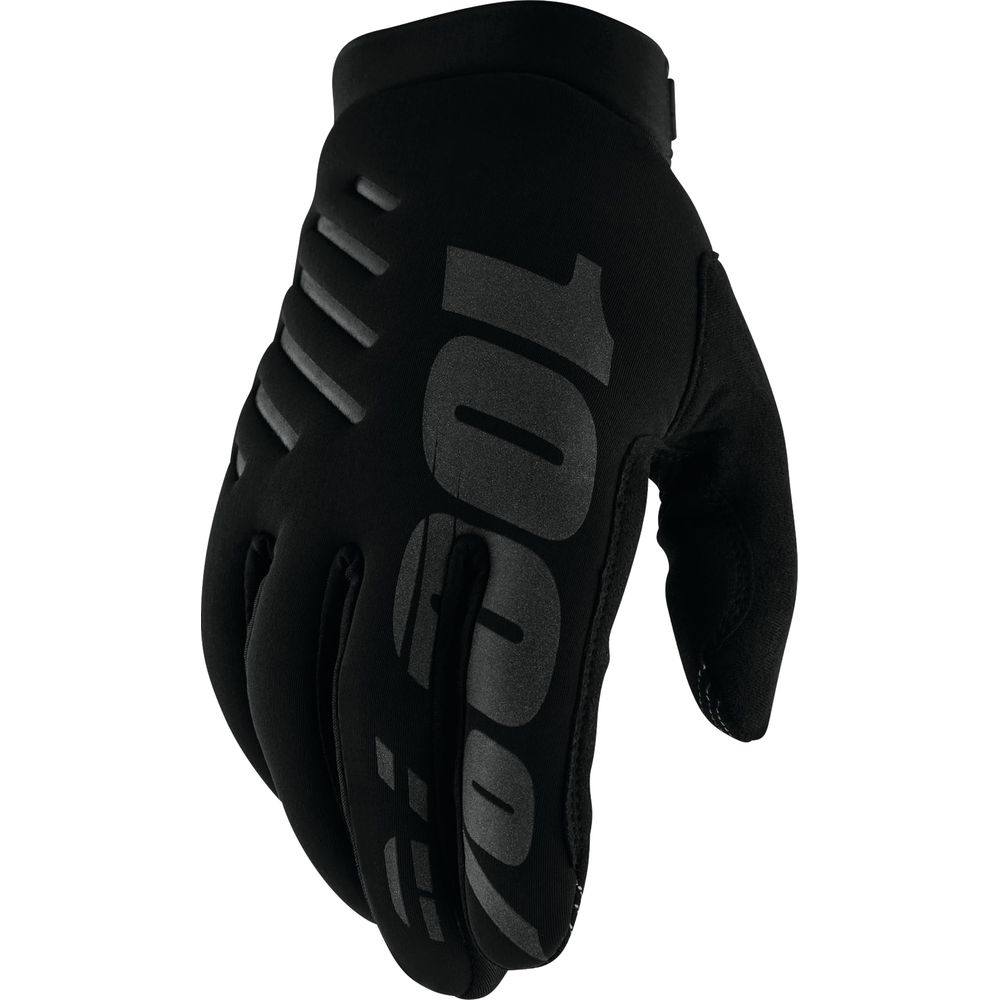 Schwarze Handschuhe mit 100%-Logo. Belüftungsschlitze an den Fingern.