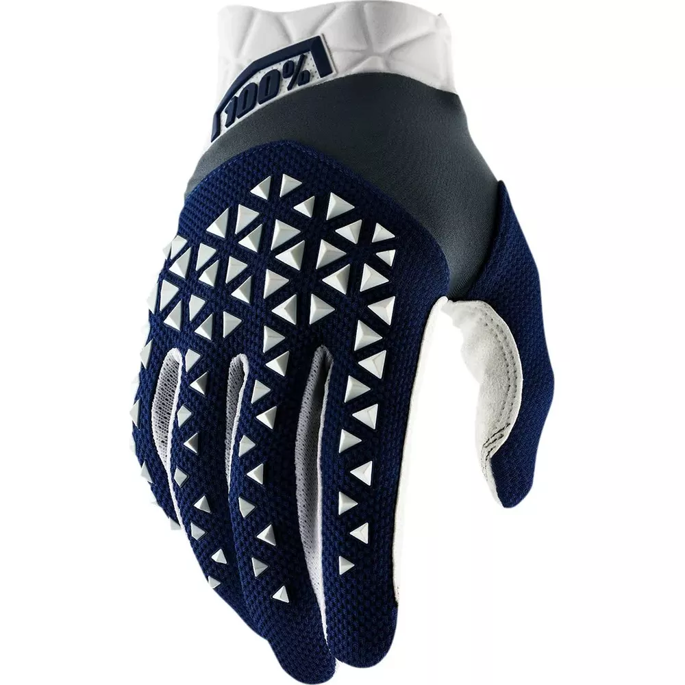 Dunkelblaue Motorradhandschuhe mit weißen Dreiecken und Logo.