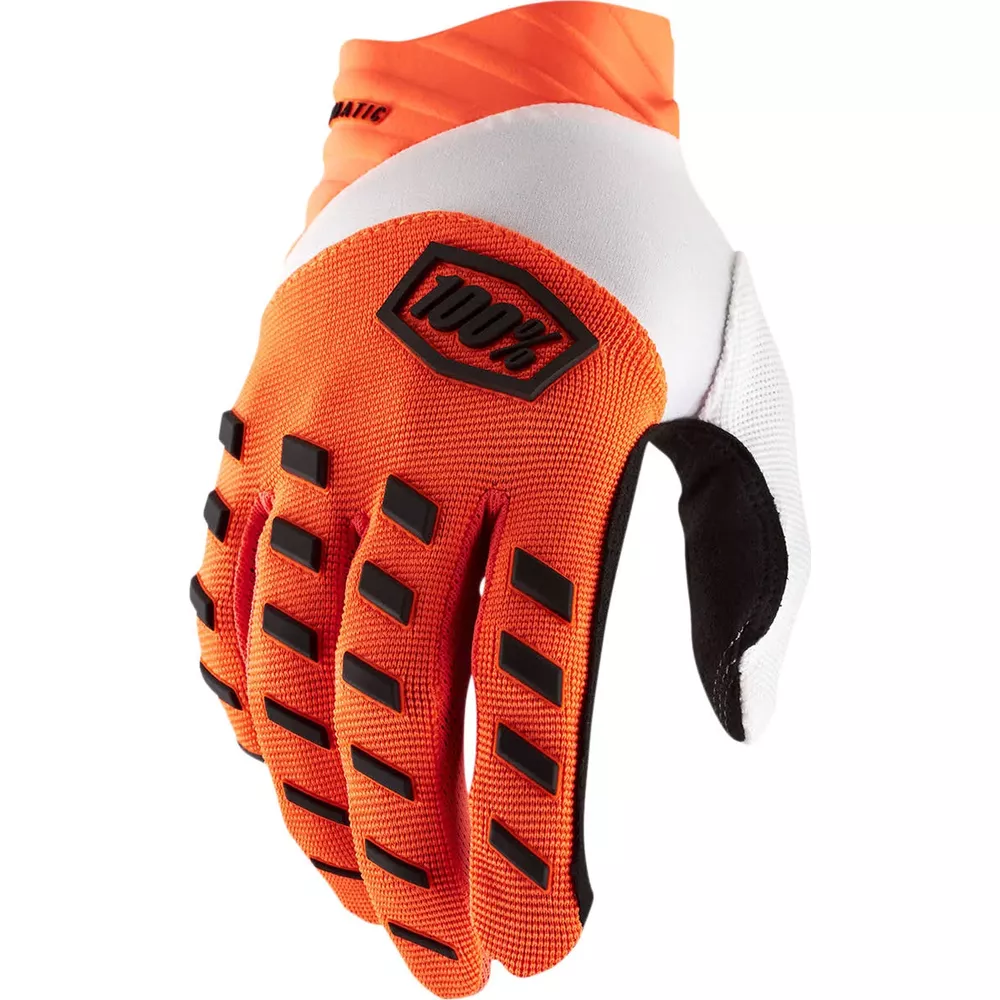Orange und weiße Motorradhandschuhe mit schwarzen Gummiverstärkungen und Logo.
