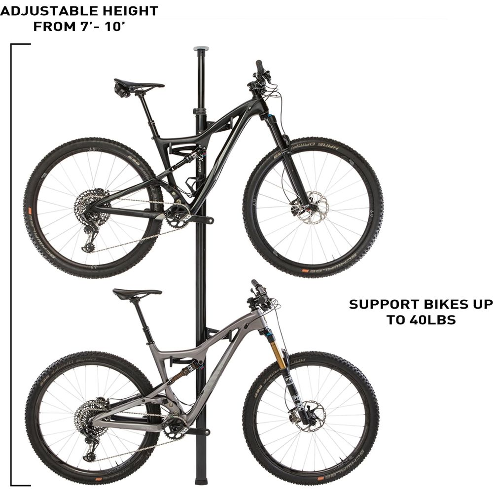 Zwei Mountainbikes auf einem Ständer. Das obere Rad ist schwarz, das untere grau. Verstellbar 7'-10'.