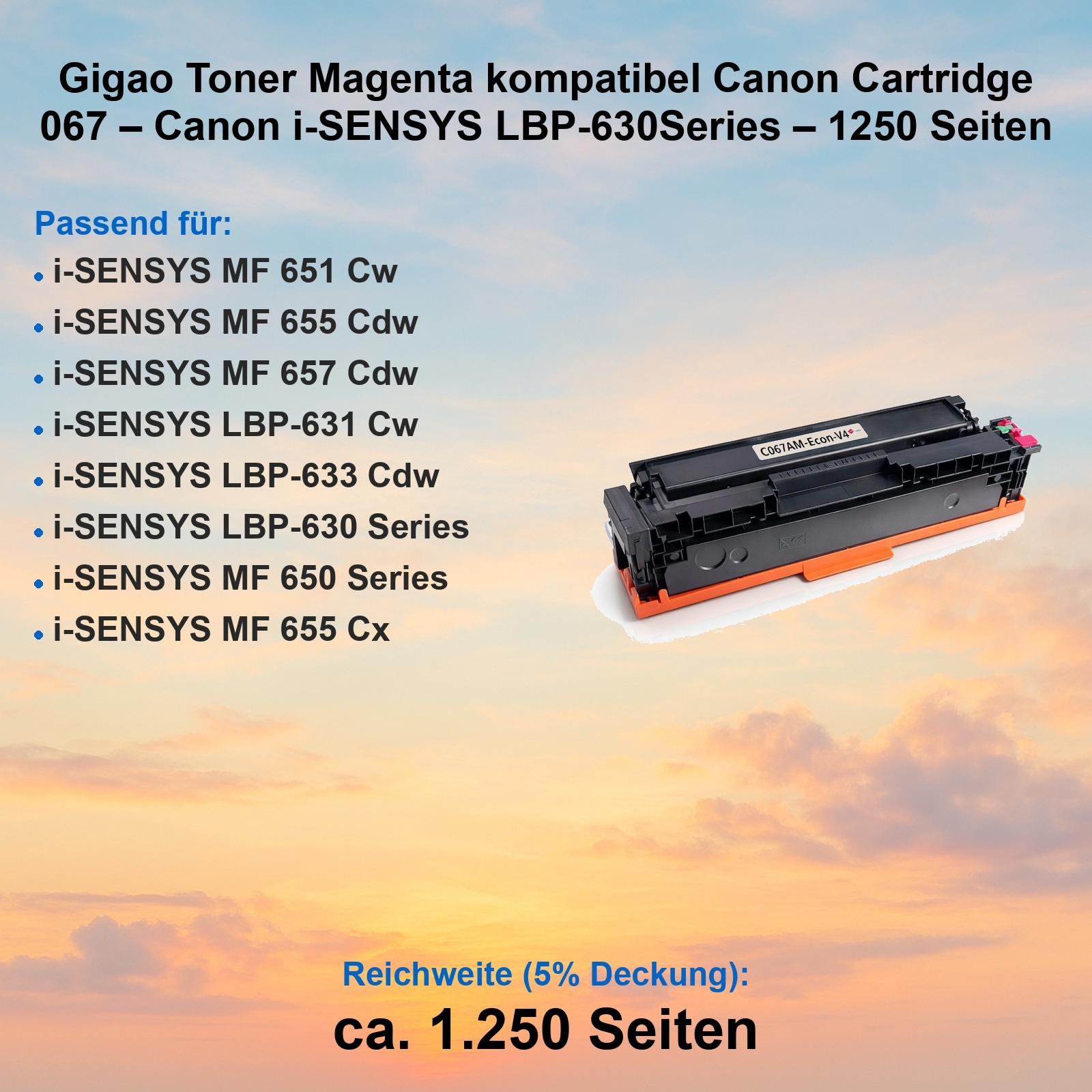 Magenta Canon Tonerpatrone 067 für i-SENSYS LBP-630 Series, 1250 Seiten.