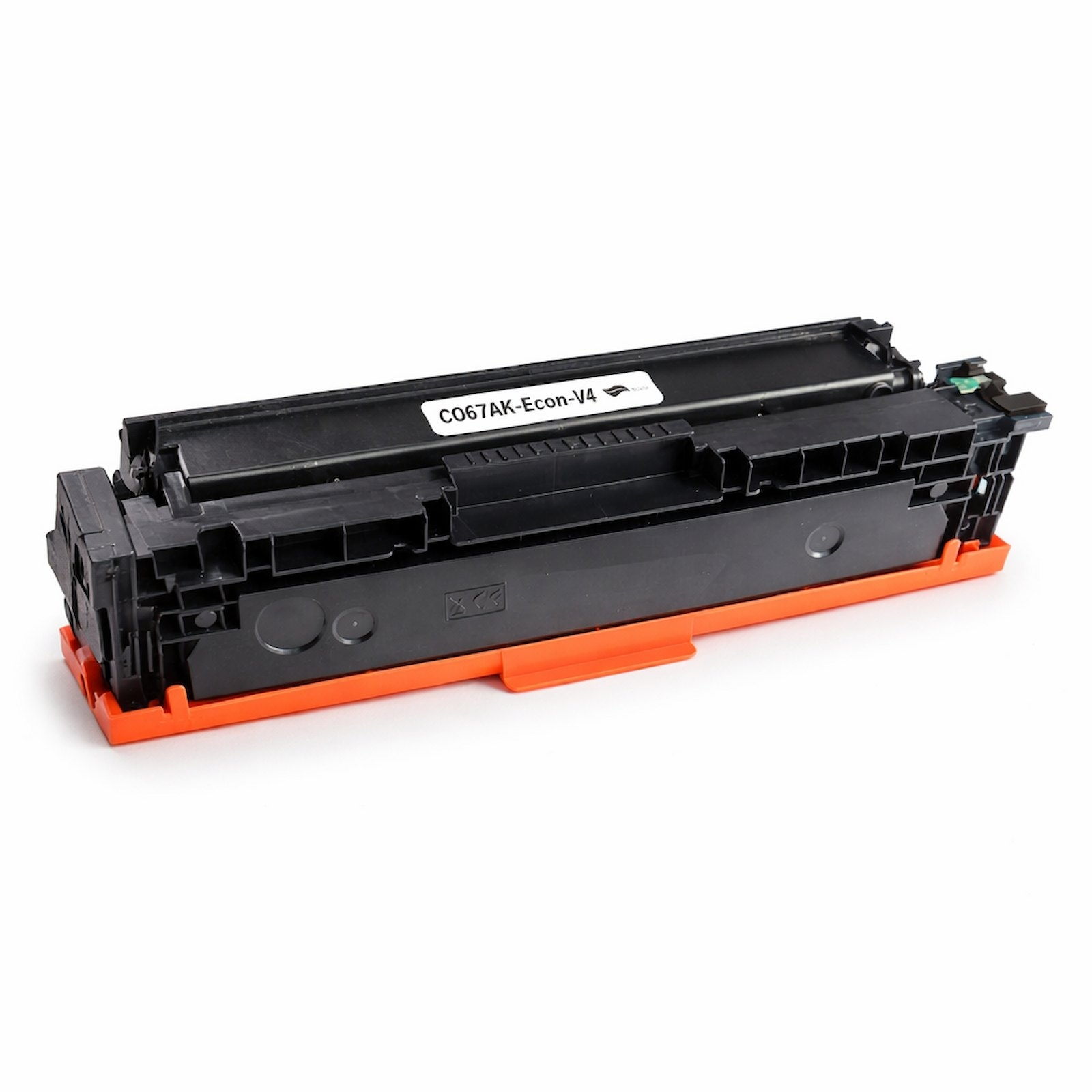 Schwarze Tonerkartusche mit orangefarbenem Untersatz, Modell CO67AK-Econ-V4.